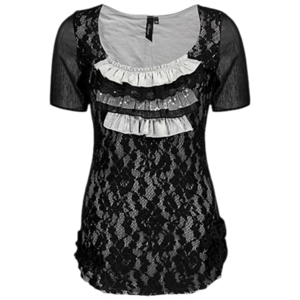BKE Black Lace Top with White Ruffle Trim